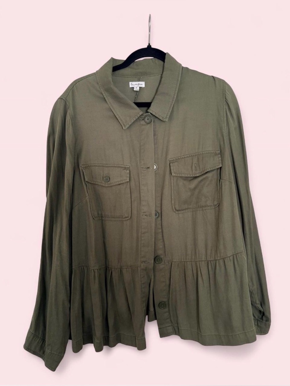 love, Fire Olive Green Button-Front Peplum Utility Jacket